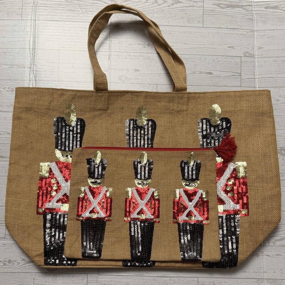 Olive & Hill Christmas Tote Bag & Pouch Burlap Sequin Nutcracker Soldiers NWOT‎